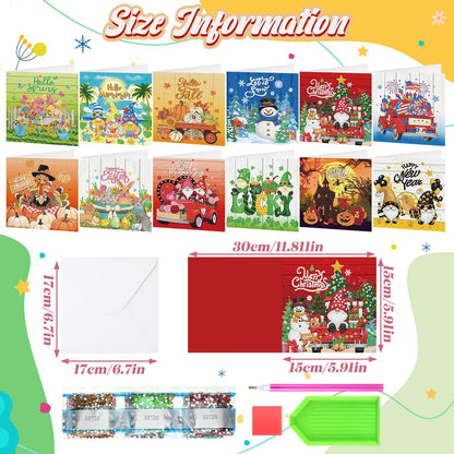 Saillong 12 Pack Holiday Diamond Painting Greeting Card Kit Seasonal Diamond Art Cards with Envelopes Summer Patriotic 5D Rhinestones Painting Making Kit for Adult DIY Craft Family Friend Holiday Gift