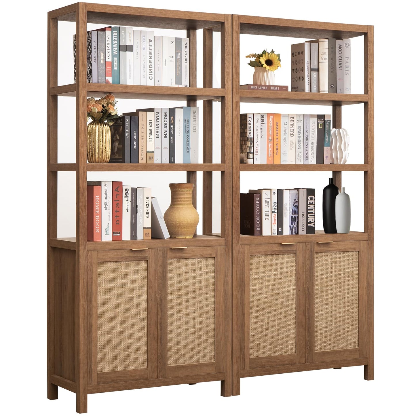 SICOTAS Bookshelf 5 Tier Book Shelf Rattan Boho 71" Tall Bookcase with Doors Storage Shelves Large Bookshelves Farmhouse Bookcases Library Book Case for Living Room Bedroom Home Office Kitchen
