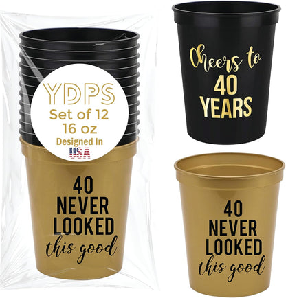 Your Dream Party Shop Cheers to 40 Years Birthday Cups - Set of 12 Black and Gold 40th Birthday Decorations