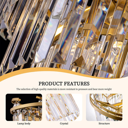 TOCHIC Gold Chandelier 5 Tier Modern Crystal Chandeliers 8 Light, Farmhouse Luxury High Ceiling Light Fixture for Dining Living Room, Bedroom, Bathroom, Kitchen Island, Entryway, 21.6" W