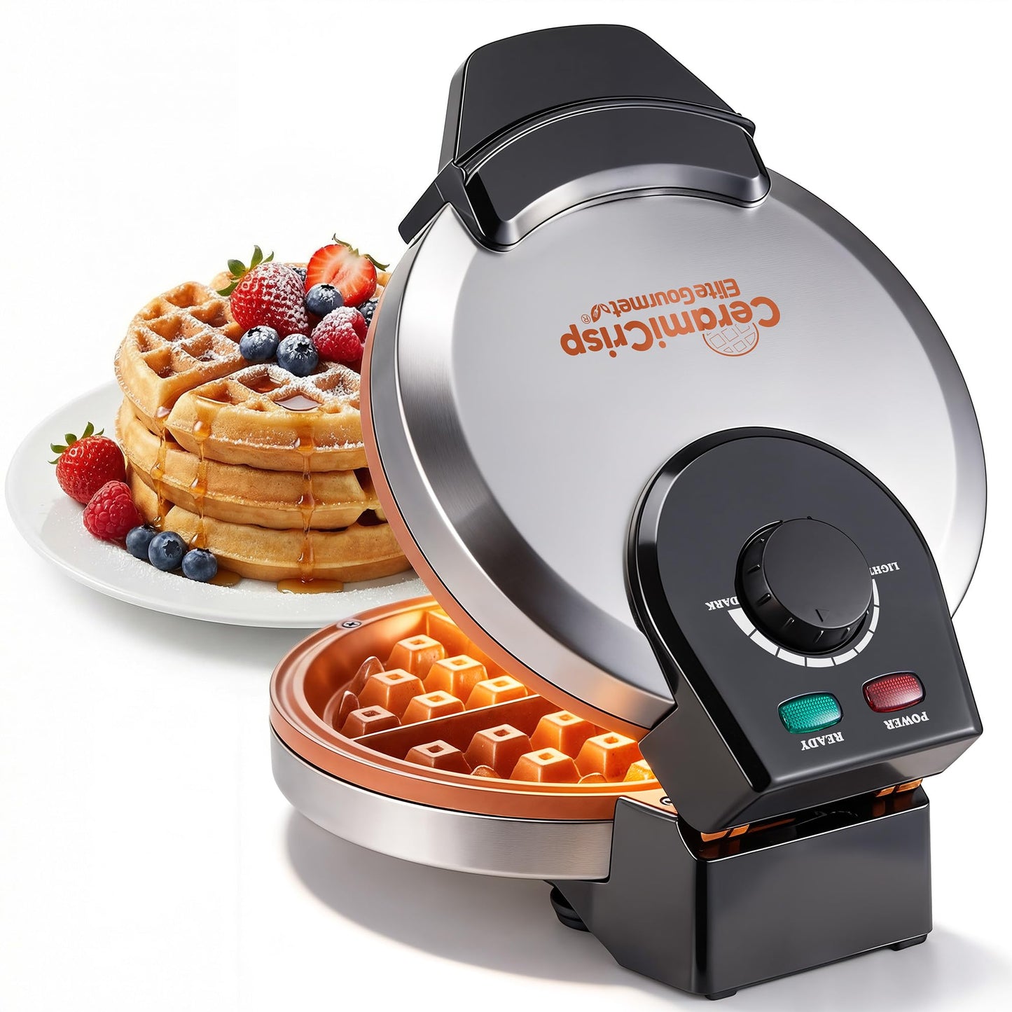 Elite Gourmet Belgian Waffle Maker with PFAS-Free CeramiCrisp™ Ceramic Nonstick Plates, Adjustable Browning Control, 1100W Heating, Power & Ready Indicator Lights, Vertical Storage, Stainless Steel
