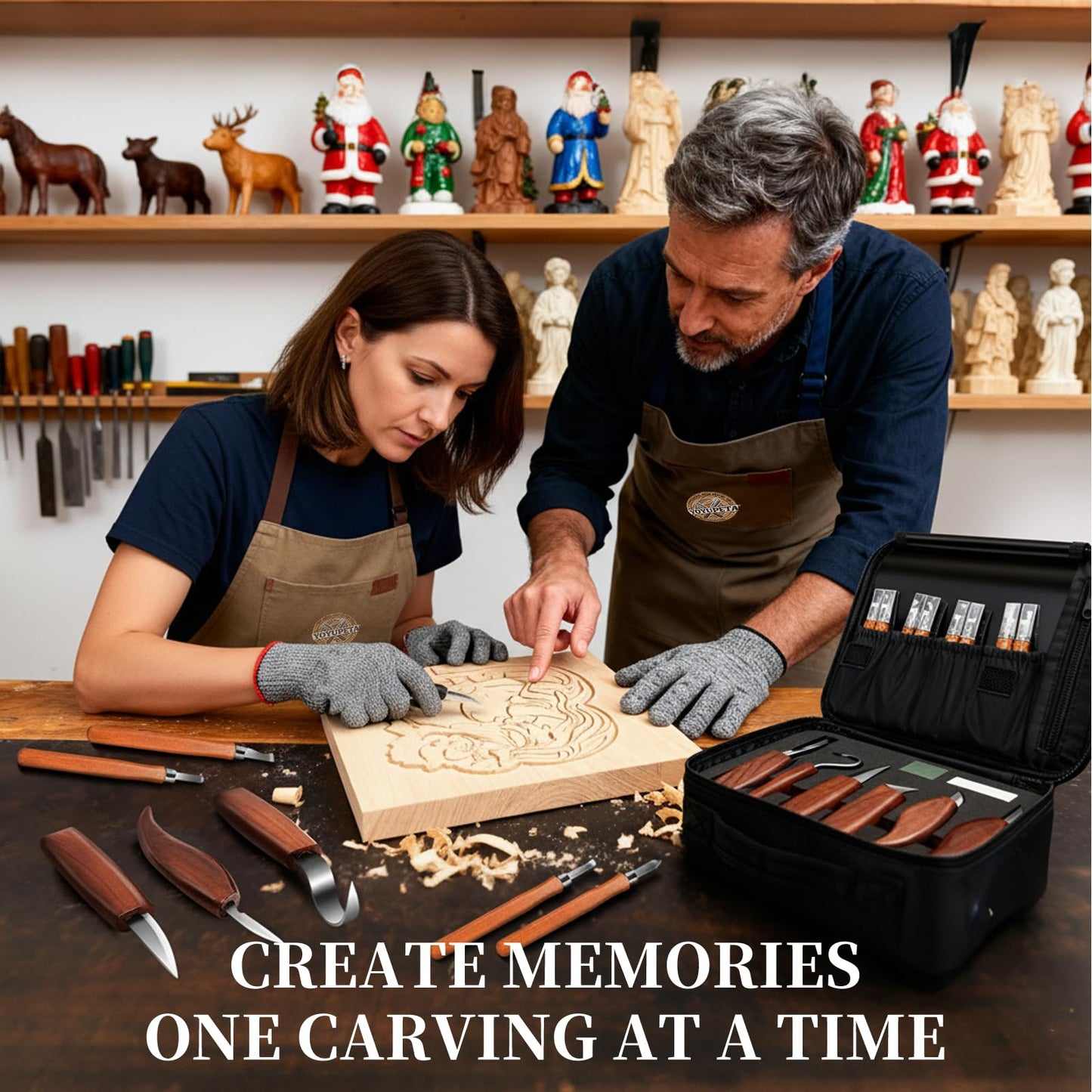 YOYUPETA Wood Carving Tools, 34-Piece Professional Whittling & Carving Kit Set with Walnut Handle Knives, Detail Gouges, Sharpening Stone, Acrylic Paints, Brushes, Palette & Gloves for Adult Hobbyists