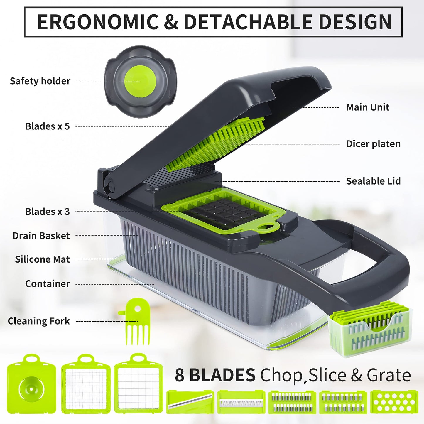 Vegetable Chopper Mandoline Slicer,Veggie Chopper, Multifunctional 10 in 1 Food Choppers, Kitchen Vegetable Slicer Dicer Cutter,Onion Mincer,Cheese,Colander Basket,Kitchen Gadgets (Gray/Green)