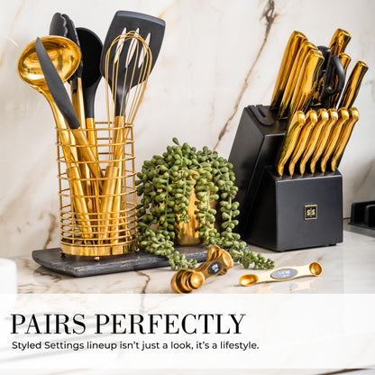 Styled Settings Black and Gold Kitchen Utensils Set – 15-Piece Cooking Set Includes Black Silicone Utensils, Gold Utensil Holder, and Magnetic Measuring Spoons – Stylish Kitchen Accessories