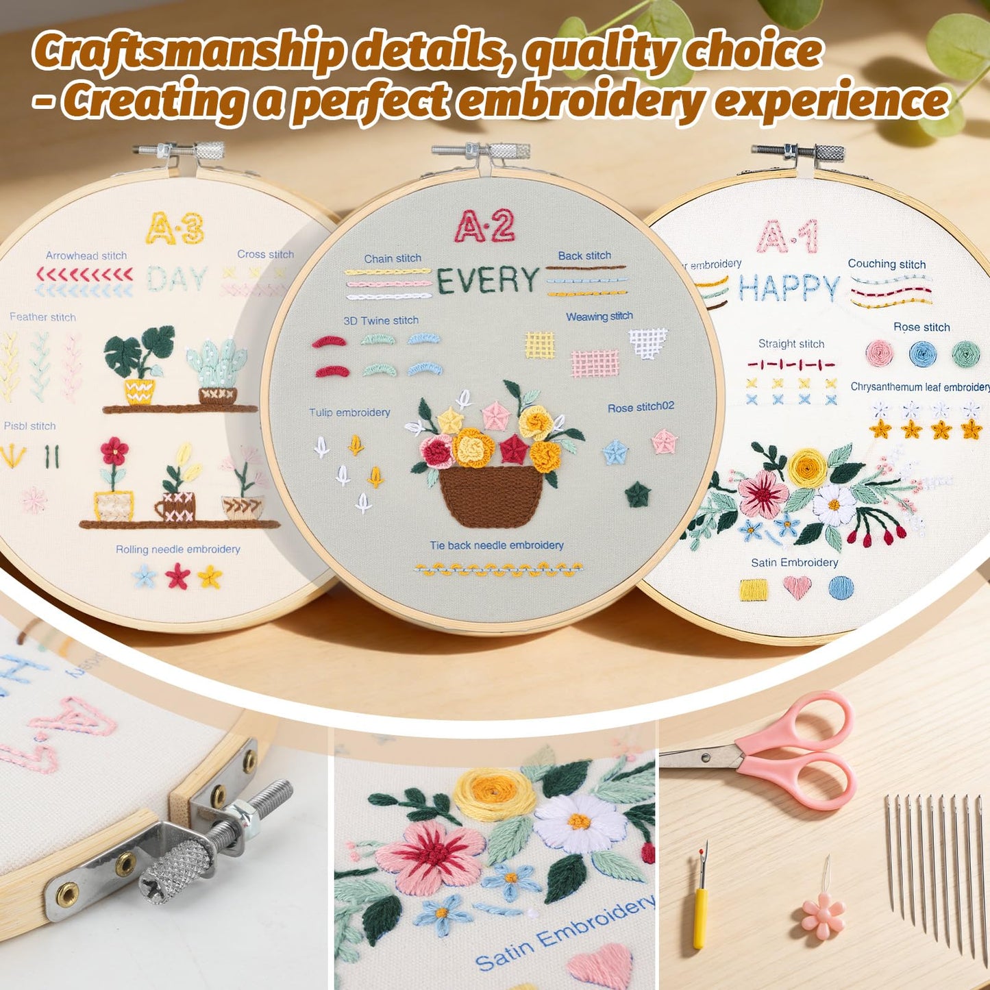 HuvRsu Embroidery Kit for Beginners, 3 Pack Starter Kit with Hoops, Colorful Threads, Pre-Printed Floral and Fruit Patterns, Full Tools and Instructions - DIY Craft Gift for Women Teens