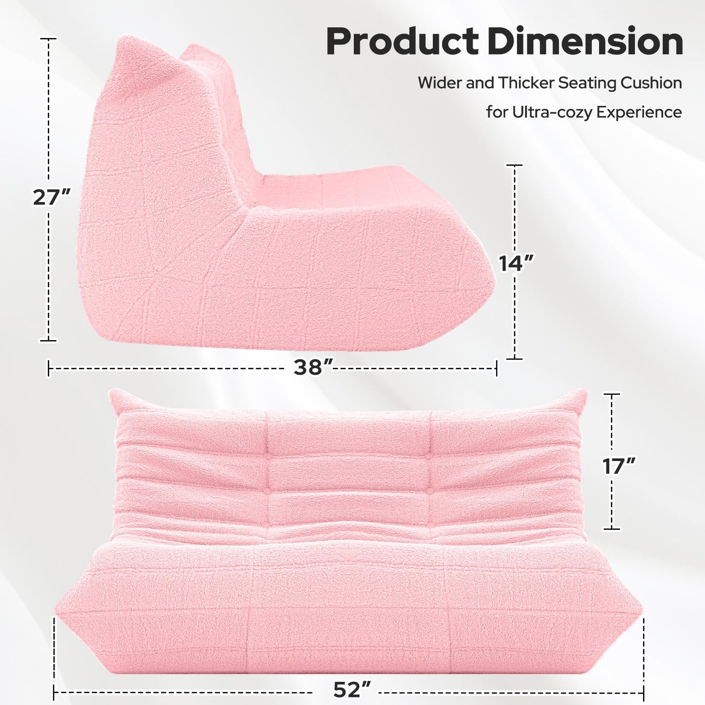 HABUTWAY Bean Bag Chairs Fireside Lazy Floor Sofa, Soft Teddy Fleece 2 Seater Sofa with High-Resilience Foam Filling，Beanbag for Living Room, Bedroom, Office (Pink Teddy)