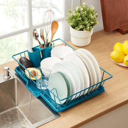 Space-Saving 3-Piece Dish Drainer Rack Set ✅ Efficient Kitchen Organizer for Quick Drying and Storage ✅ Includes Cutlery Holder and Drainboard ✅ Maximize Countertop Space, Blue/Green Teal