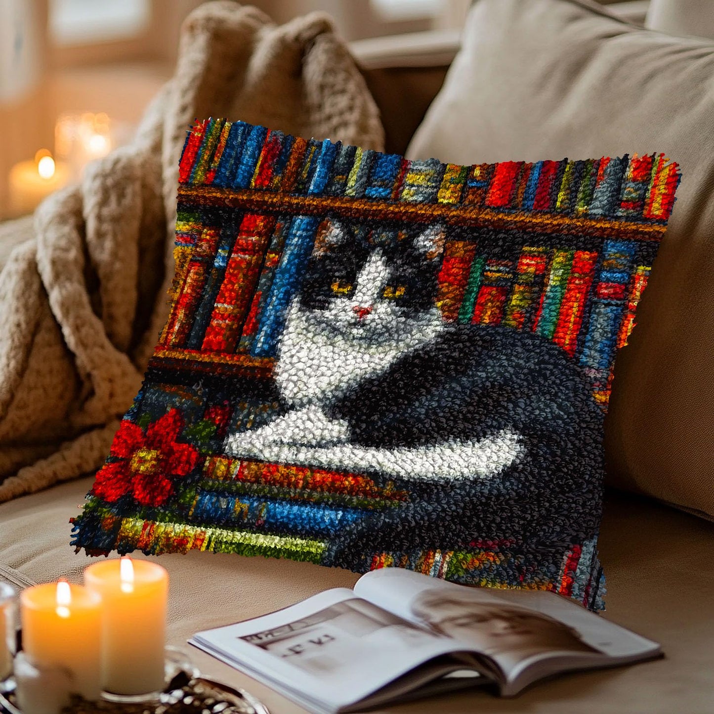 DIY Latch Hook Pillow Cover Kits Black and White Cat on Bookshelf Stampled Handamade Pillowcase Crochet Yarn Hook and Latch Emboridery Throw Pillow for Home Sofa Decor 43x43cm(4)
