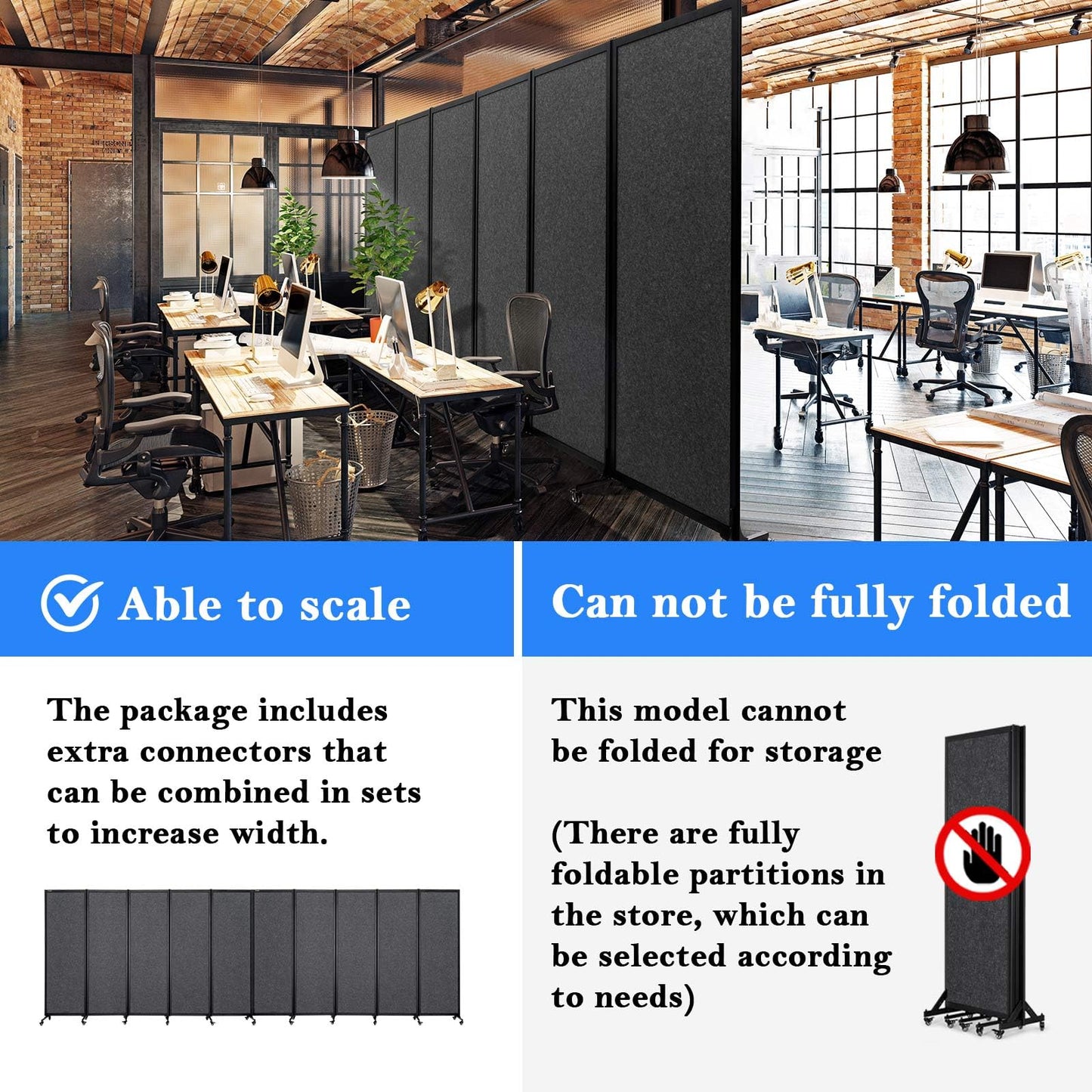 Upgrade Version Room Partition and Divider, Freestanding Rolling Dividers with Wheels,Office Privacy Screen Divider Wall,Classroom Felt Dividers,8'2"L* 6'7"H,4 Panel，Dark Grey