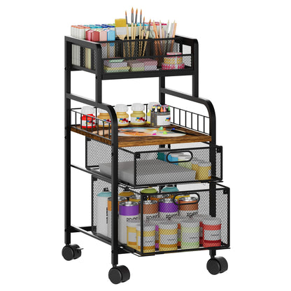 SWTYMIKI Rolling Cart with Drawers - Metal Craft Cart with Wheels, DIY Divider and Wood Shelf, Art Supply Organizer for Under Desk Storage, Utility Storage Cart for Home Office Studio, Espresso