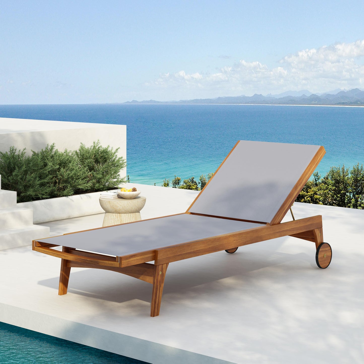 Merax Outdoor Chaise Lounge, Acacia Wood Patio Recliner with Breathable Mesh, Adjustable Backrest, Weather-Resistant Sun Lounger for Poolside & Backyard Grey