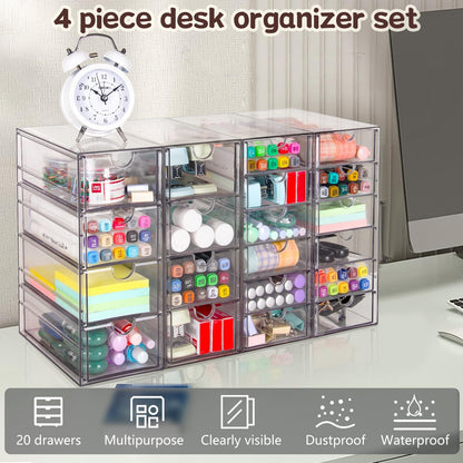 VZKAH Acrylic Organizer with Drawers | 20 Drawers 4 Sets | Desk Organizer and Storage, Clear Makeup Organization, For Office/Art Supply/Craft Storage and Organization