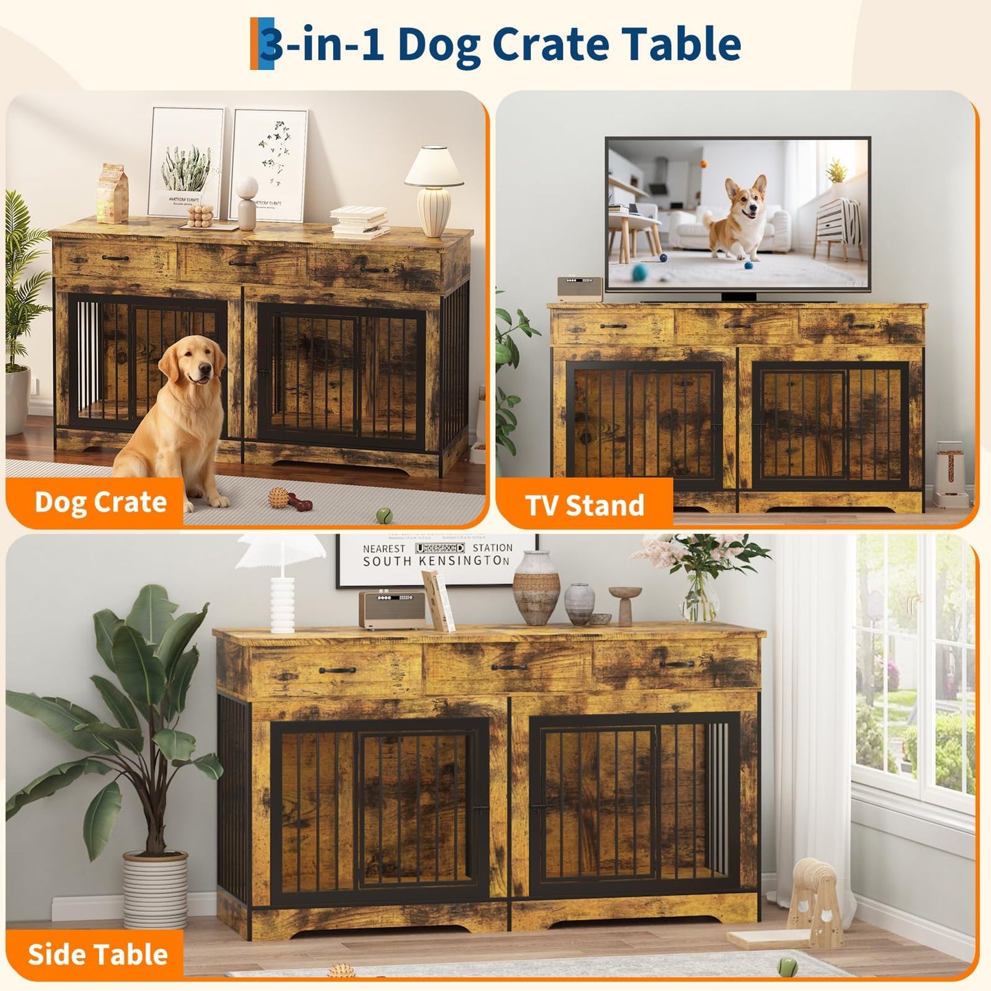 Extra Large Double Dog Crate Furniture – 70.9" Heavy Duty Wooden Kennel for 2 Medium or Large Dogs, Decorative End Table with 3 Drawers, TV Stand, Indoor Dog Cage with Double Doors