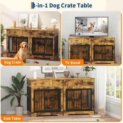 Extra Large Double Dog Crate Furniture – 70.9" Heavy Duty Wooden Kennel for 2 Medium or Large Dogs, Decorative End Table with 3 Drawers, TV Stand, Indoor Dog Cage with Double Doors