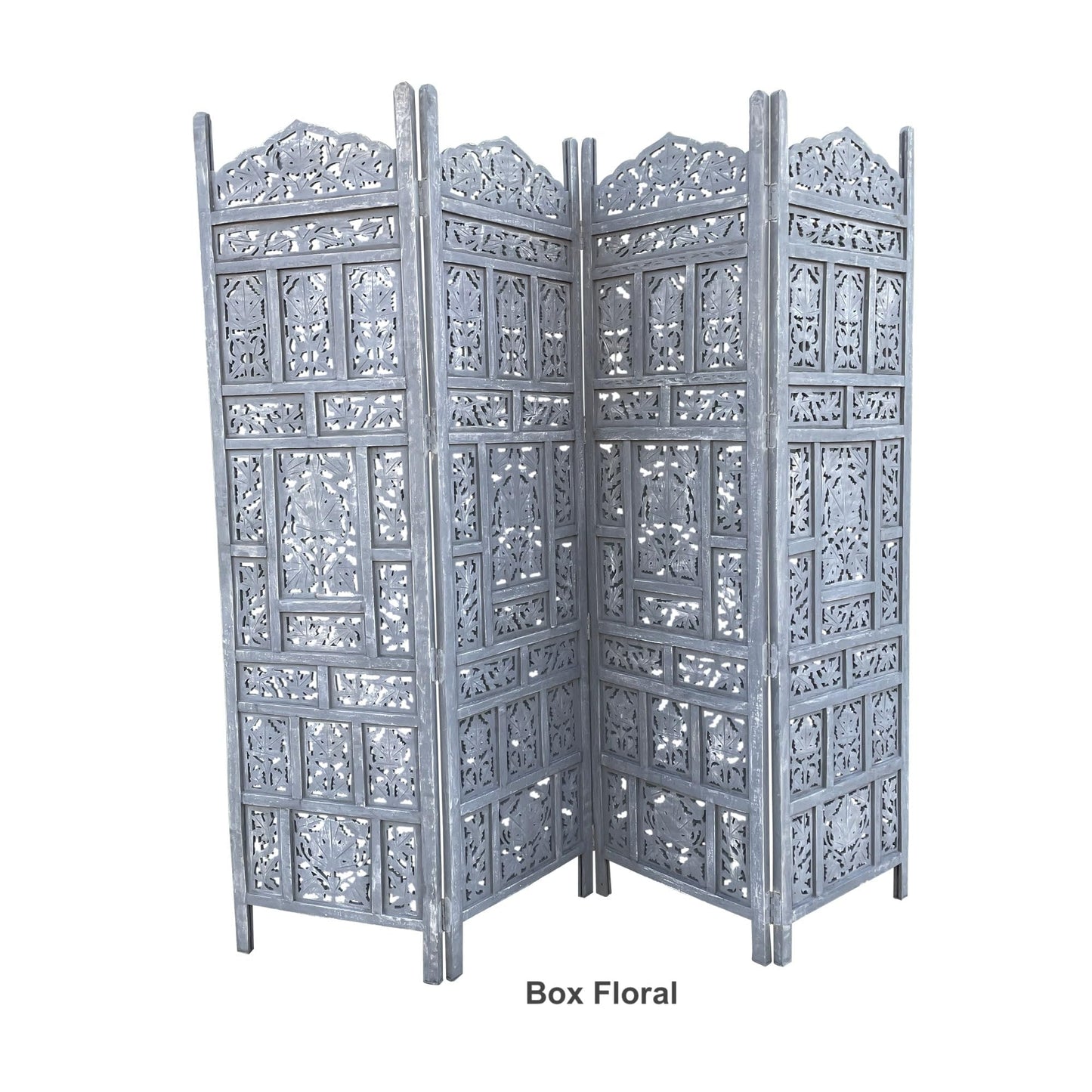 Hand Crafted 4-Panel Wood Divider, Multi-Panel Privacy Screen (Box Floral)
