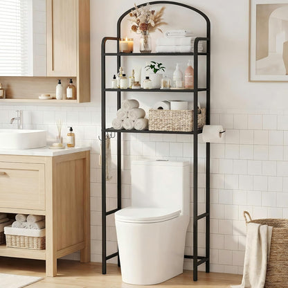 Skiennix Over The Toilet Storage Rack - 3-Tier Bathroom Organizer with Hooks & Paper Holder - Black Metal Shelf
