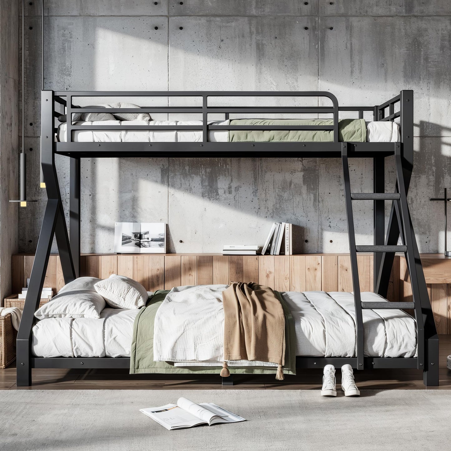 Bellemave Twin XL Over Queen Bunk Bed Frame with Noise Reduced Design, Low Profile Bunk Bed with Ladder and Fence, Heavy Buty Bunk Beds for Adults, Teens