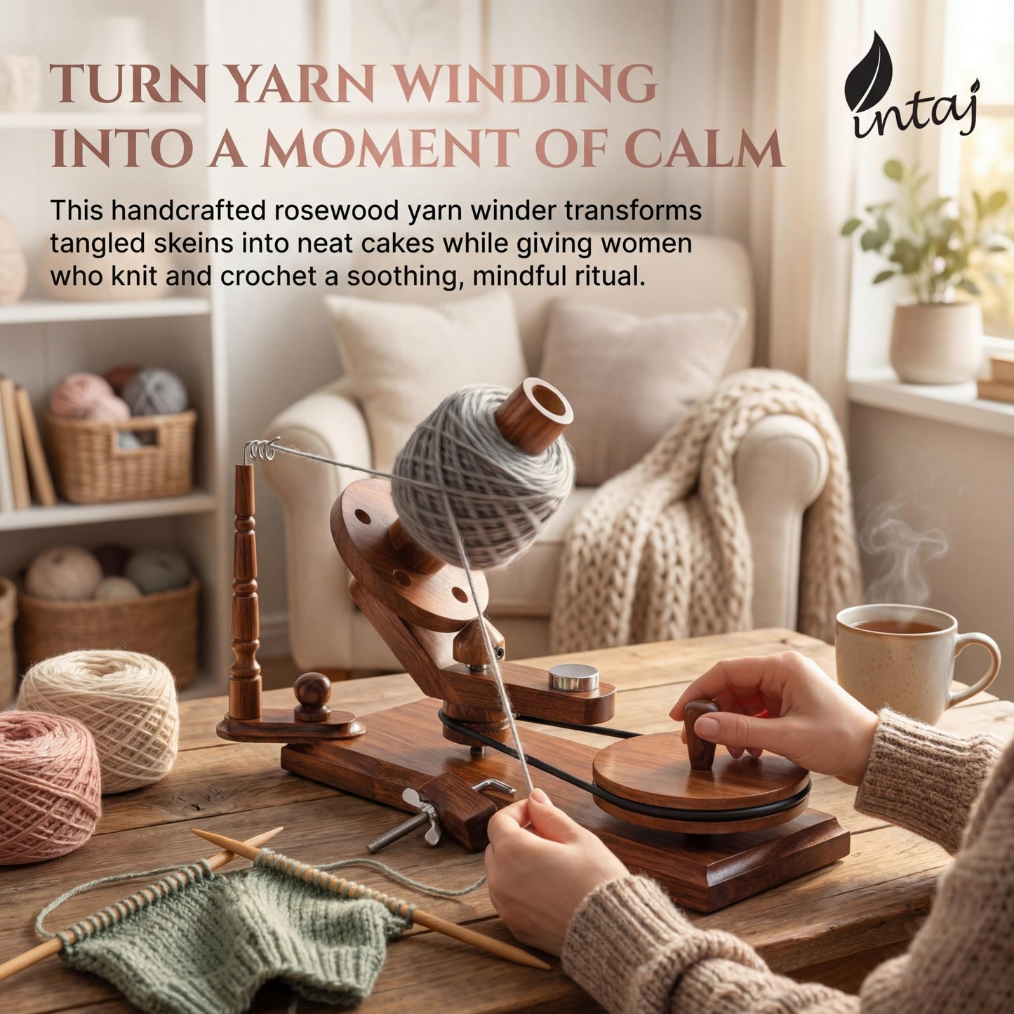 INTAJ Rosewood Yarn Winder - Large Capacity 16 oz Wooden Winder for Knitting & Crocheting - Handcrafted Heavy Duty Natural Rosewood Ball Winder - Table Top Wood Yarn Swift and Ball Winder