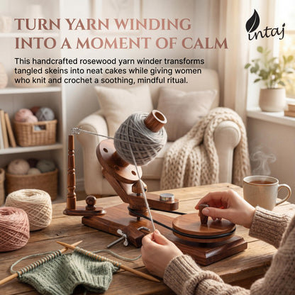 INTAJ Rosewood Yarn Winder - Large Capacity 16 oz Wooden Winder for Knitting & Crocheting - Handcrafted Heavy Duty Natural Rosewood Ball Winder - Table Top Wood Yarn Swift and Ball Winder