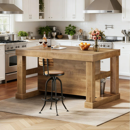 Tribesigns Kitchen Island with Storage, 55-Inch Farmhouse Stationary Island Table with Large Countertop, 3-Tier Wooden Home Bar Table for Kitchen, Dining Room, Rustic Brown