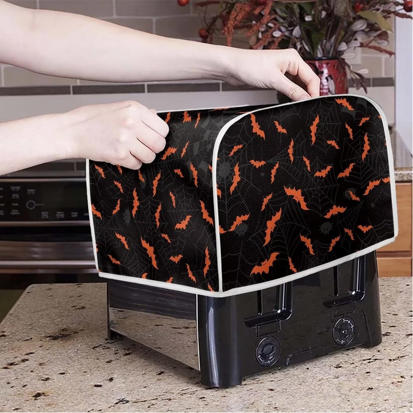 Halloween Spider Web Bats Toaster Cover, Dustproof 4 Slice Small Appliance Cover