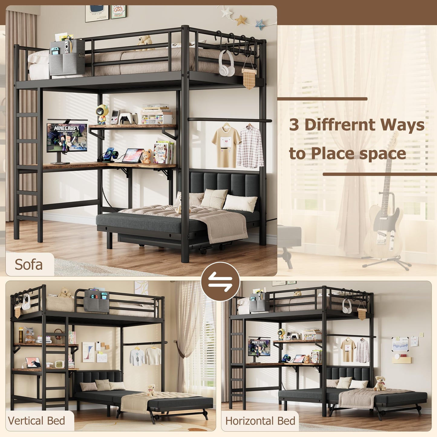Twin Loft Bed with Matteress, Heavy Duty Metal Bunk Bed Frame with Pull-Out Folding Bed and Desk, Dual-Access Bed, Charging Station, 2-Tier Adjustable Shelves, Safety Guard Rail & Ladder (Dark Black)