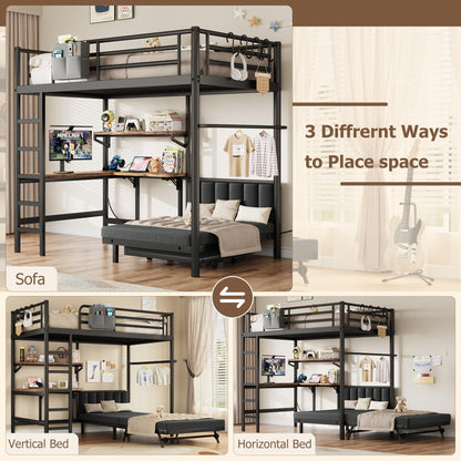 Twin Loft Bed with Matteress, Heavy Duty Metal Bunk Bed Frame with Pull-Out Folding Bed and Desk, Dual-Access Bed, Charging Station, 2-Tier Adjustable Shelves, Safety Guard Rail & Ladder (Dark Black)