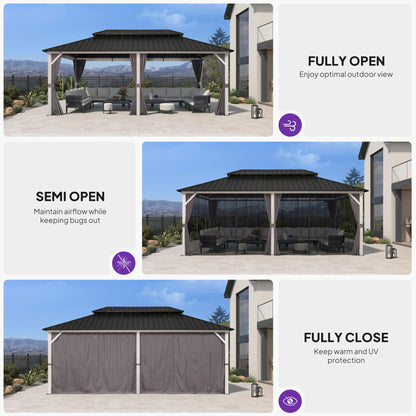 PURPLE LEAF 12' X 20' Hardtop Gazebo Metal Double Roof White Aluminum Frame Outdoor Heavy Duty Gazebo with Curtain and Netting for Patio Garden and Backyard, Grey