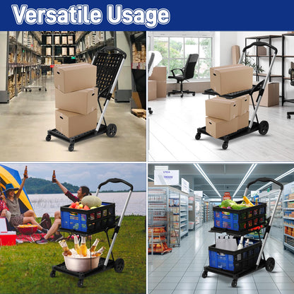 Collapsible Shopping Cart with 2 Bins Grocery Cart on Wheels Multi Use Two Tier Folding Cart for Farmers Market,Kitchen,Grocery Shop