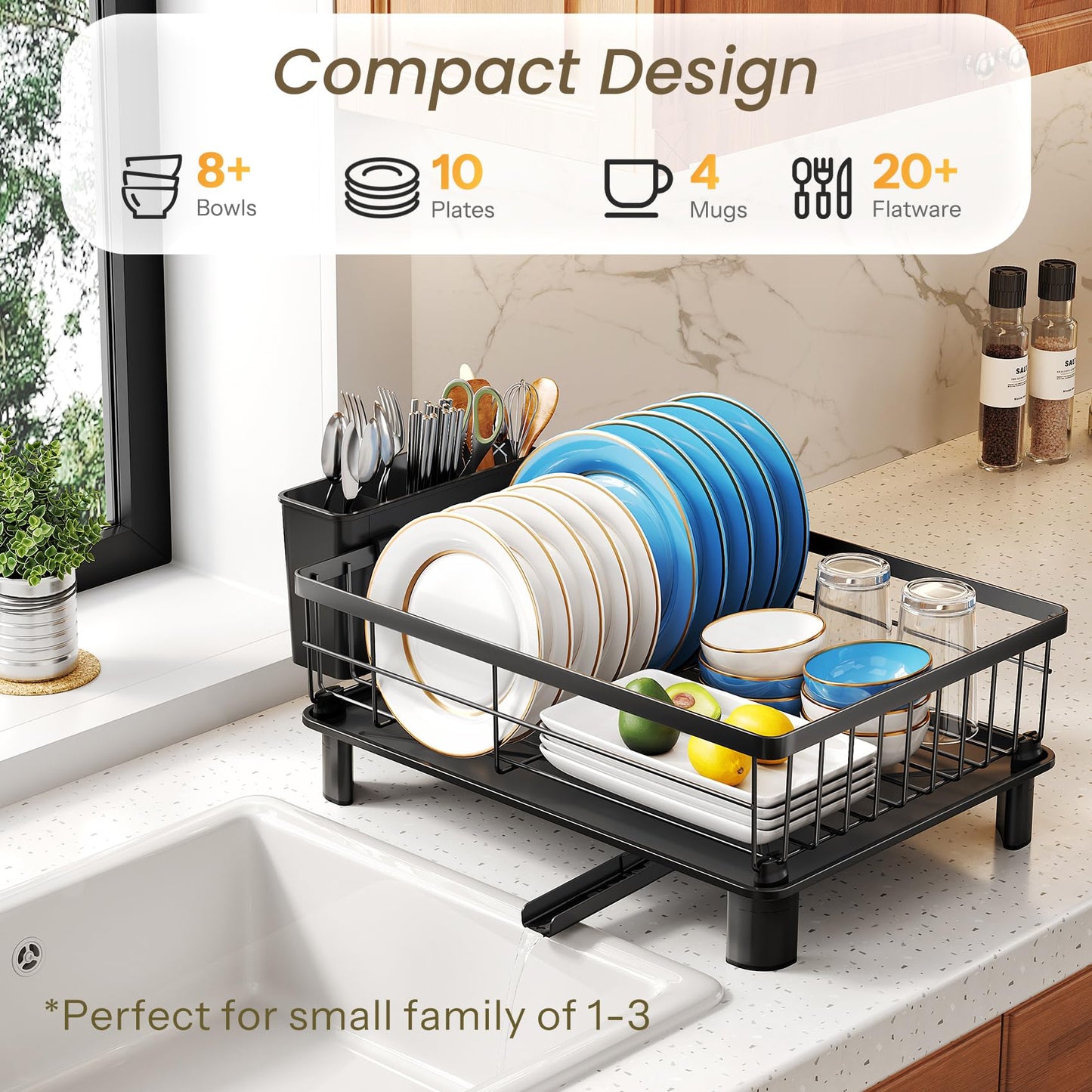SNTD Dish Drying Rack - Space-Saving Dish Rack for Kitchen Counter, Stainless Steel Dish Drainer with Utensil Holder and Drainboard, 11" W x 15" L (Black)