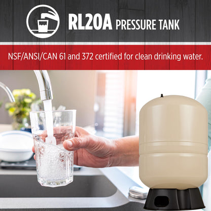 Red Lion RL20A - 20-Gallon Vertical Pre-Charged Pressure Tank with Thermoplastic Base for Well Pumps, 1-Inch FNPT Elbow System Connection, Almond, 604682