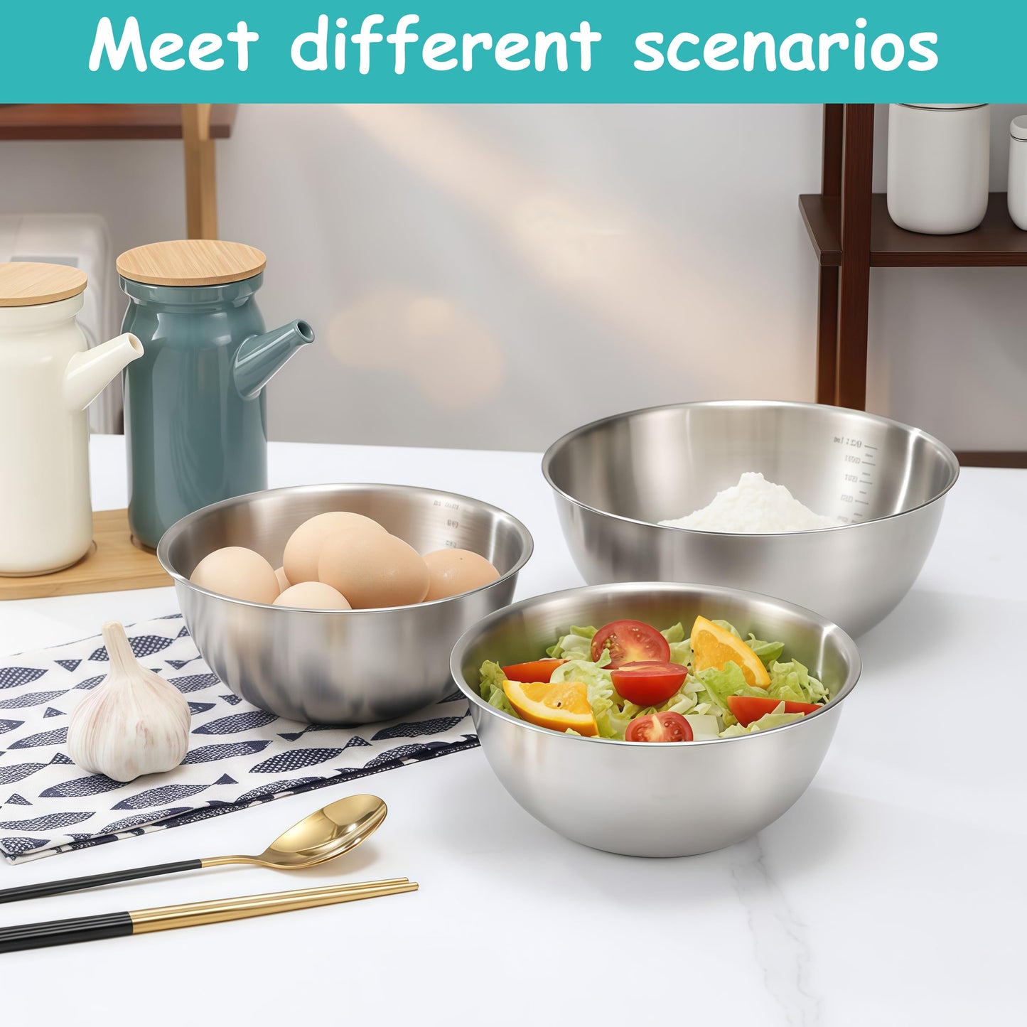12 Pcs 304 Stainless Steel Mixing Bowls with Graduations, Metal Serving Salad Bowls, Reusable Baking Food Storage Containers for Baking, Cooking, Making Salads, Soups, Ice Cream, Noodles, cereal
