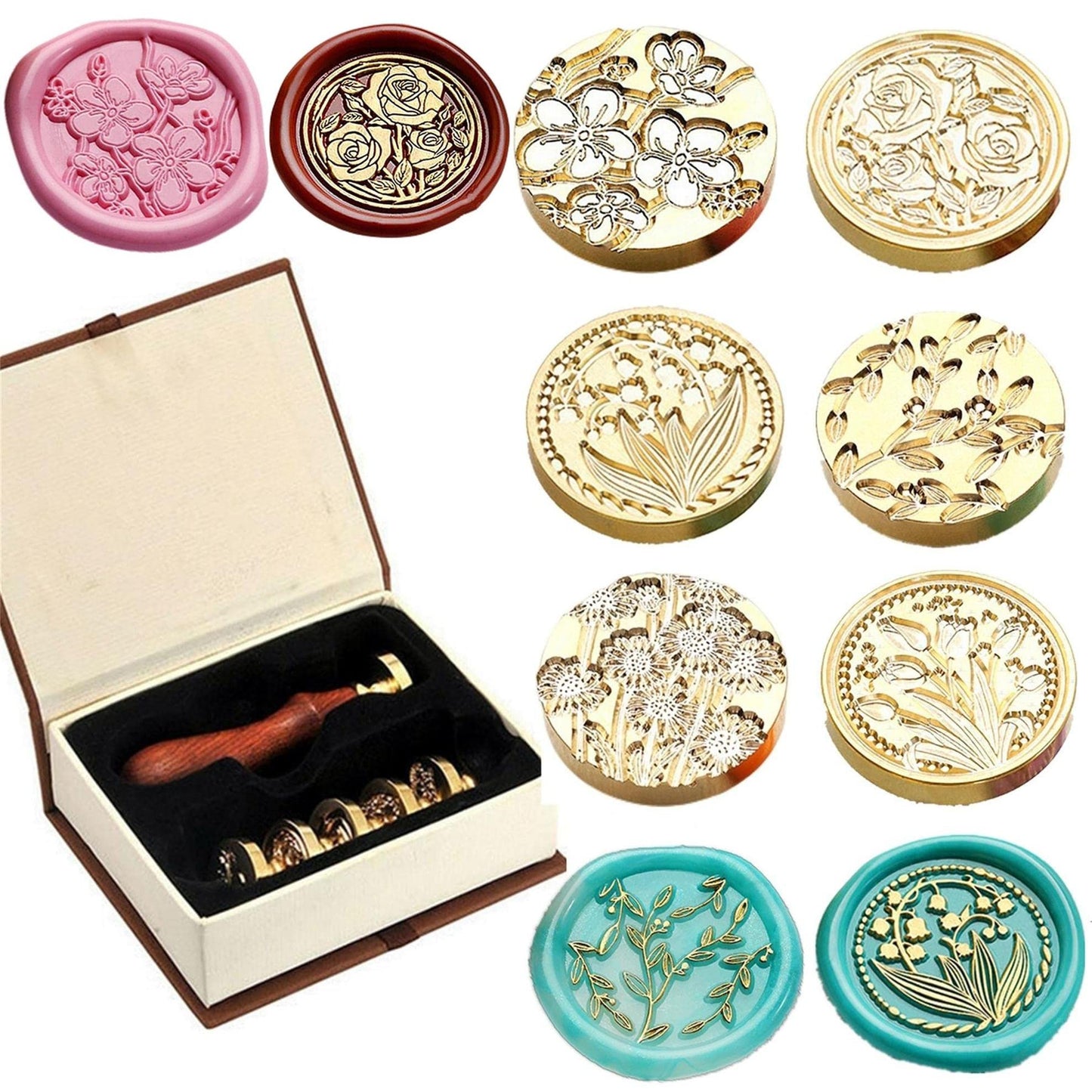 JUPPE 6pcs Flower Wax Seal Set, Cherry Blossom Rose Bell Orchid Branches Tulip Various Flowers Sealing Wax Stamps for Wedding Invitation Birthday Party