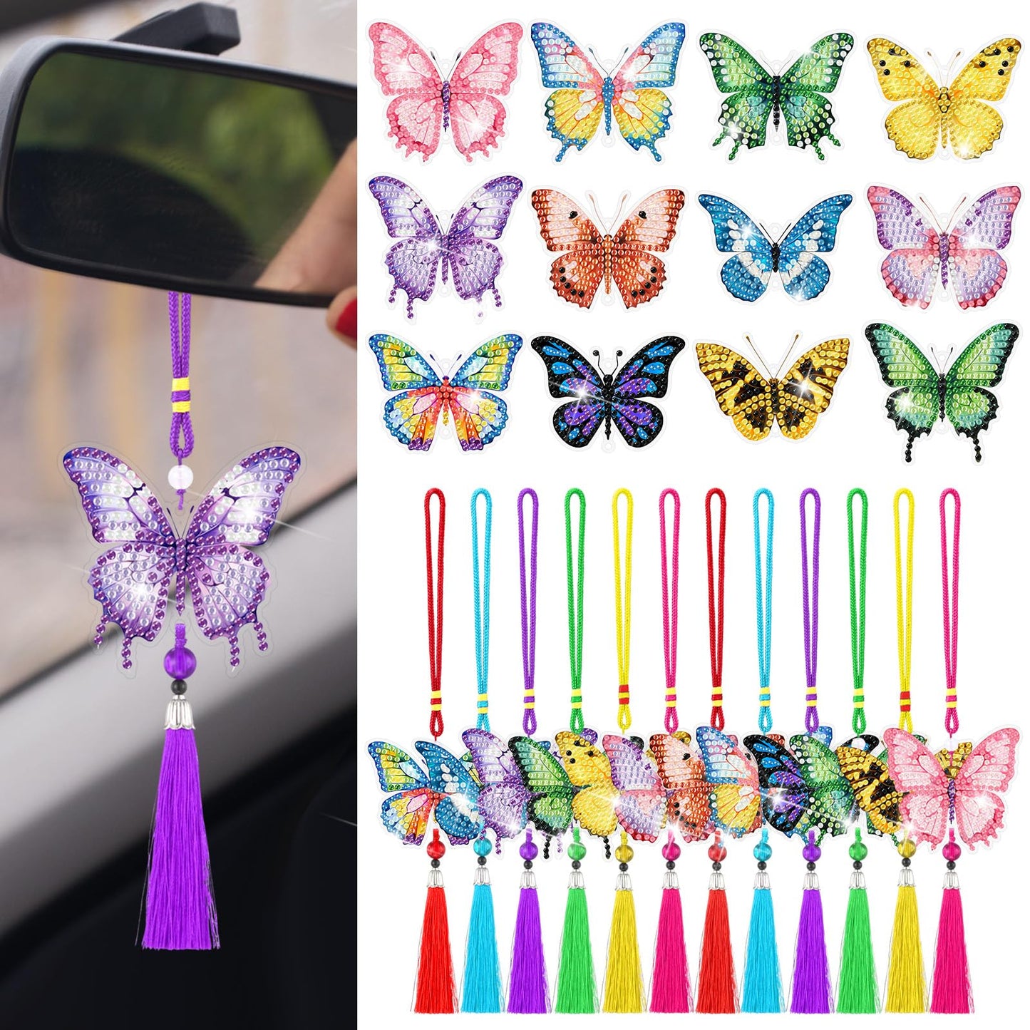 JenPen 12 Pcs Butterfly Diamond Art Kits Diamond Painting Car Ornaments Double Sided Butterfly Painting Keychain Hanging Ornament DIY Crafts Crystal Gem Paint for Adult Beginner Gifts
