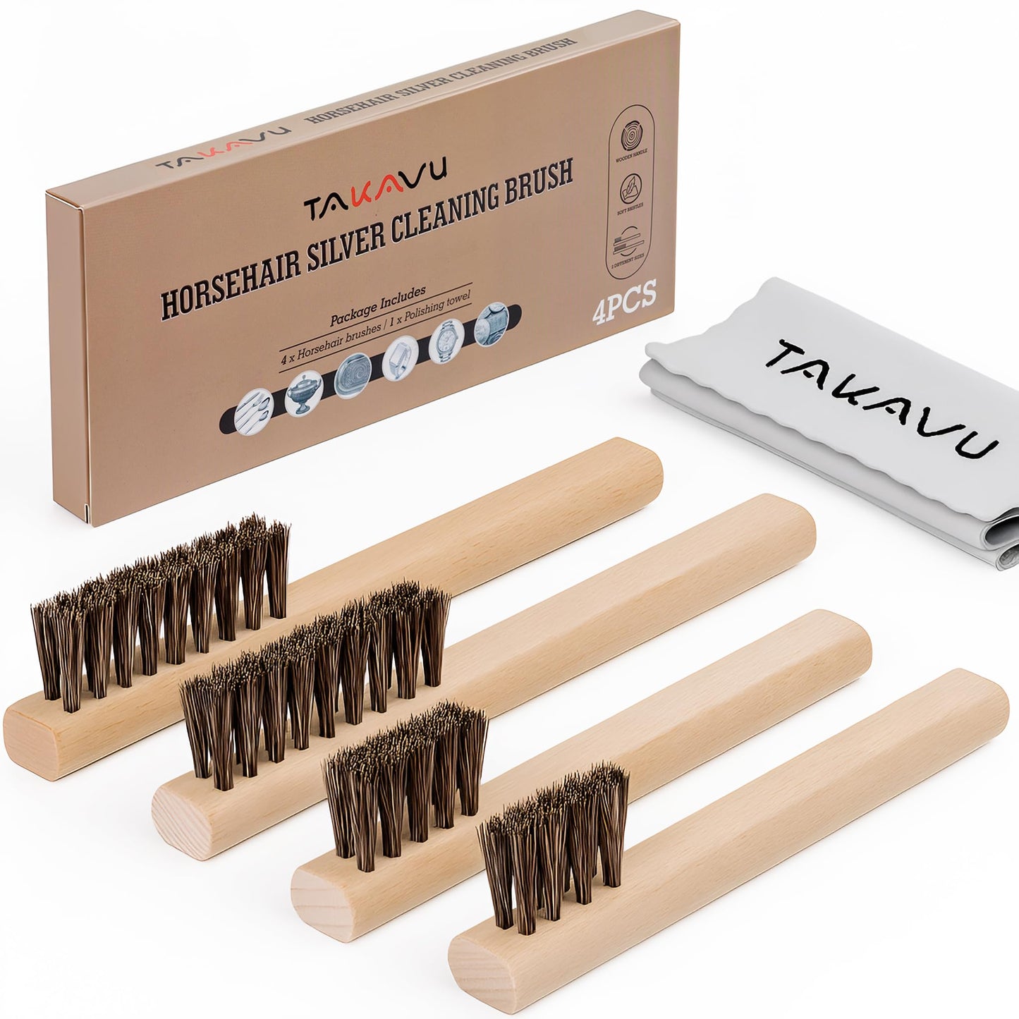 TAKAVU Horsehair Silver Brush Set of 4, Soft Detail Cleaning Brushes & Polishing Cloth, Non-Scratch Horsehair Brushes for Sterling Silver, Cutlery, Flatware, Jewelry & Antiques
