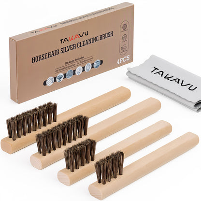 TAKAVU Horsehair Silver Brush Set of 4, Soft Detail Cleaning Brushes & Polishing Cloth, Non-Scratch Horsehair Brushes for Sterling Silver, Cutlery, Flatware, Jewelry & Antiques