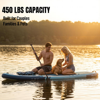 Inflatable Stand Up Paddle Board 11'×34" Extra Wide SUP, Ultra-Stable for Adults & Dog, 450lbs, Dual Chamber Pump, Fiberglass Paddle, Military Grade Dual Layer, Deep Sea Gradient Design