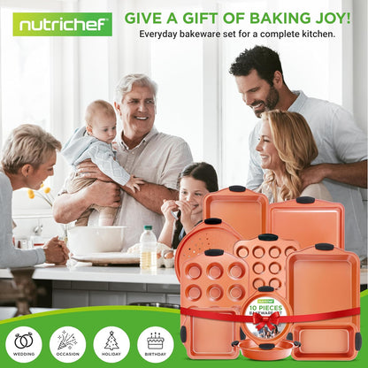 NutriChef 10-Piece Nonstick Baking Pans Set - Versatile Bakeware for Cookies, Cakes & Roasting | Includes Cookie Sheet, Muffin Pan, Cake Pan & Pizza Pans