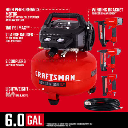 Craftsman 6-Gallon Pancake Air Compressor 4-Tool Combo Kit, 150 PSI, Oil-Free, Includes 16GA Finish Nailer, 18GA Brad Nailer, 23GA Pin Nailer & 25-Ft Air Hose, Model CMXECXA0210641K