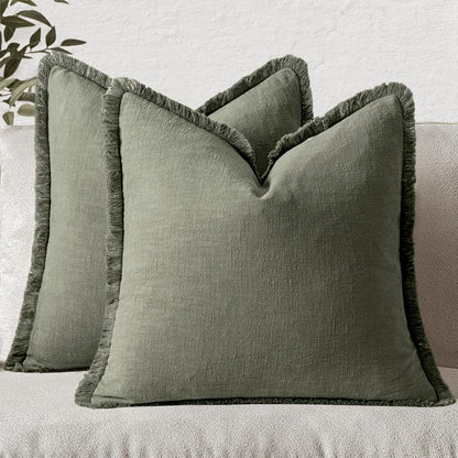 MIULEE Christmas Decorative Throw Pillow Covers Neutral Linen Fringe Fall Throw Pillows Set of 2 Natural Beige Boho Farmhouse Cushion Covers with Tassels for Couch Sofa Bed Home Decor 20x20 Inch