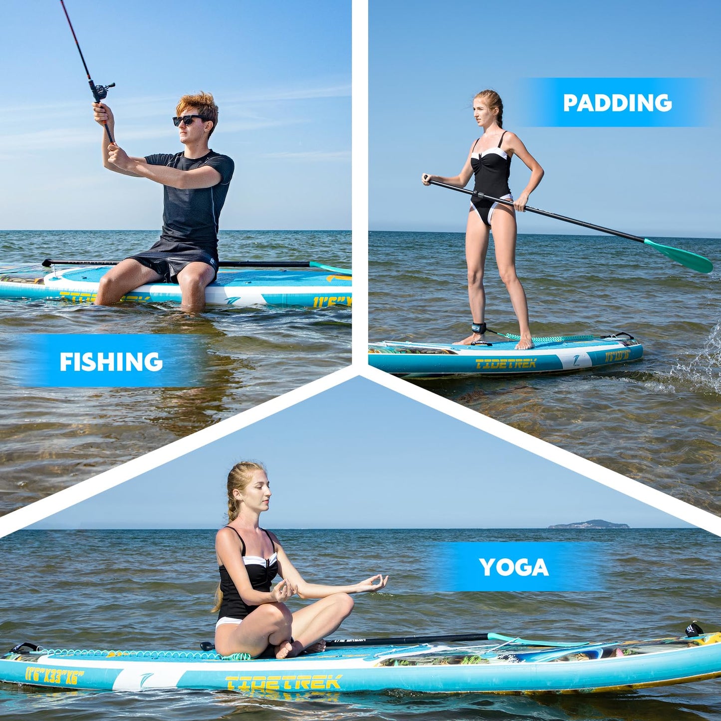 TIDETREK 11'/11'6" x 33"/34" x 6" Inflatable SUP Paddle Board – Extra-Wide, Stable Stand Up Paddle Board with Premium Full Accessory Set for Adults & Youth (Azure Leap, 11'6"x33"x6")