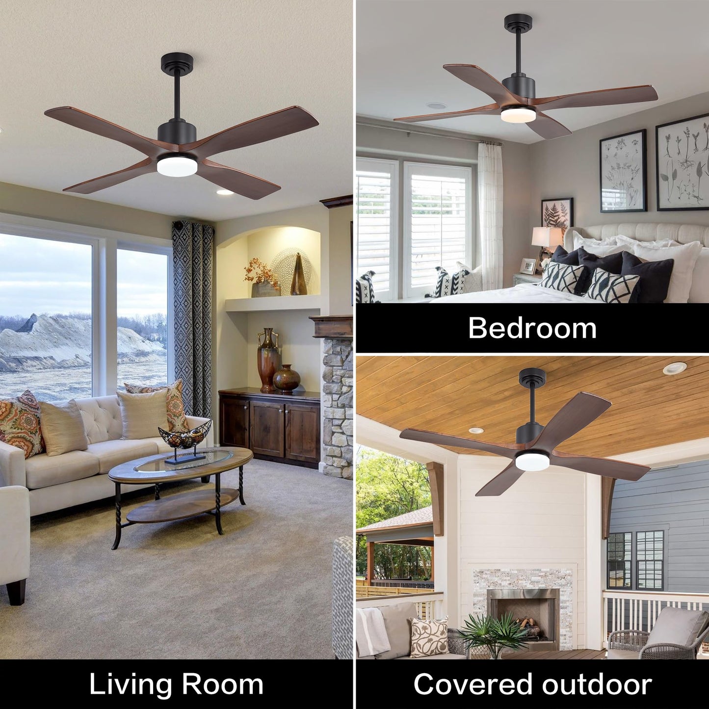 WINGBO 54 Inch DC Ceiling Fan with Lights and Remote Control, 4 Carved Solid Wood Blades, 6-Speed Noiseless Reversible DC Motor, Modern Ceiling Fan in Black Finish with Walnut Blades