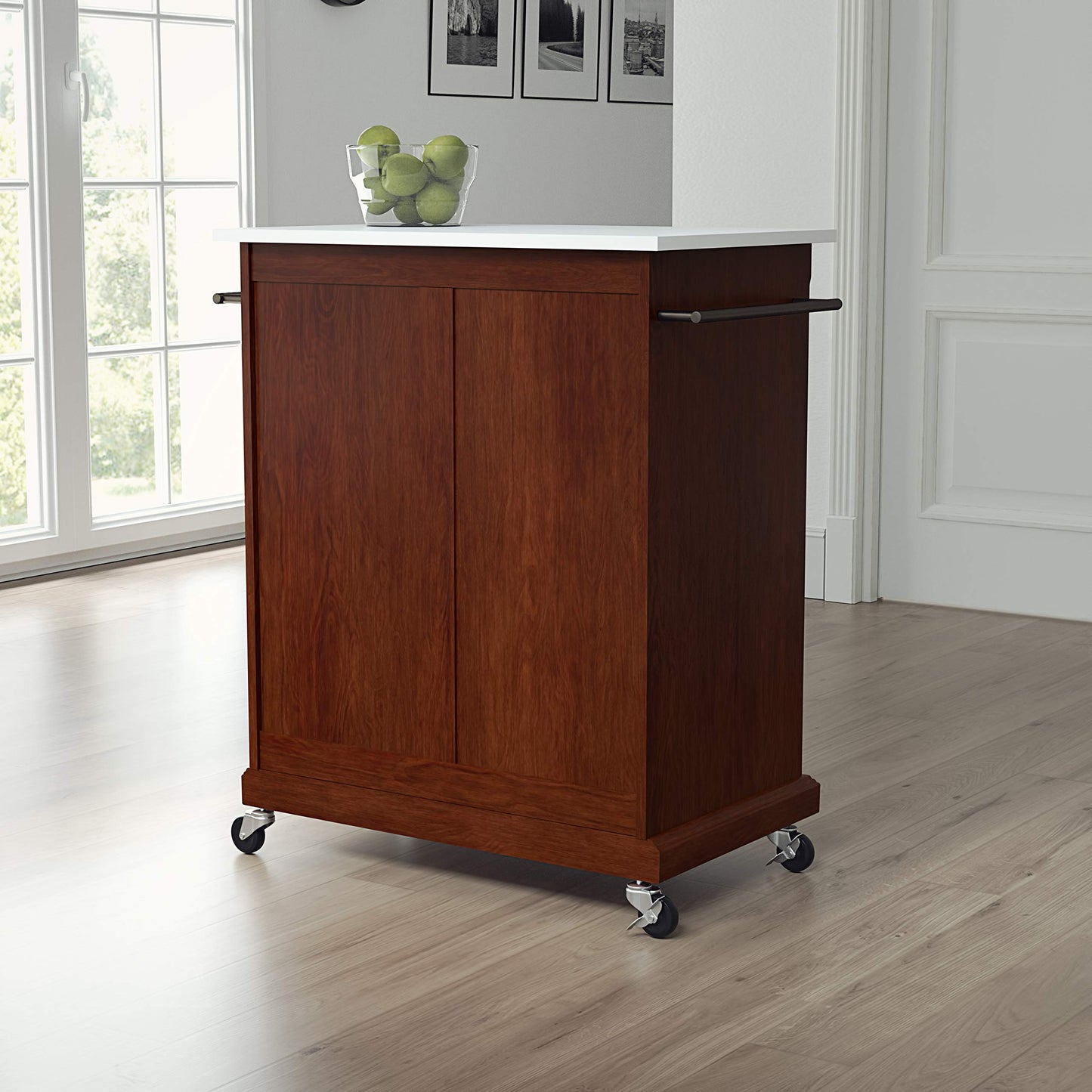 Crosley Furniture Compact Stone Top Small Rolling Cart with Shelves, Microwave Stand with Towel Rack, Mahogany