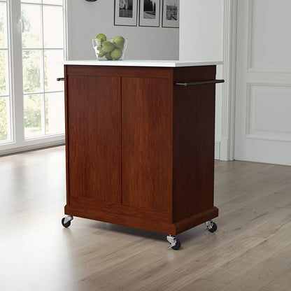 Crosley Furniture Compact Stone Top Small Rolling Cart with Shelves, Microwave Stand with Towel Rack, Mahogany
