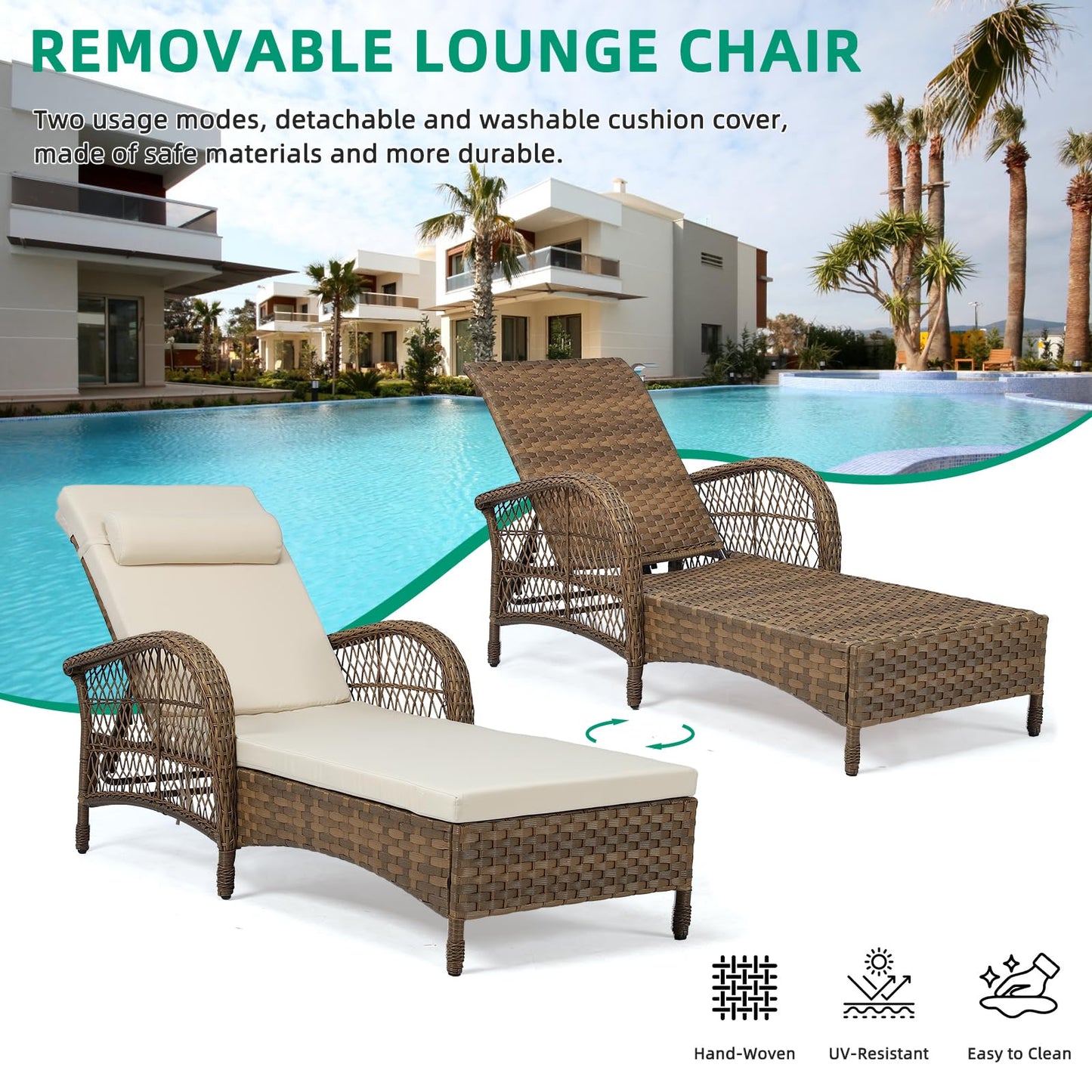 VIVIJASON 3 Pieces Outdoor Wicker Chaise Lounge Chair Set, All-Weather PE Rattan Cushioned Patio Lounger Set of 2 with Side Table, Adjustable Pool Sunbathing Recliner with Armrest & Pillow, Beige