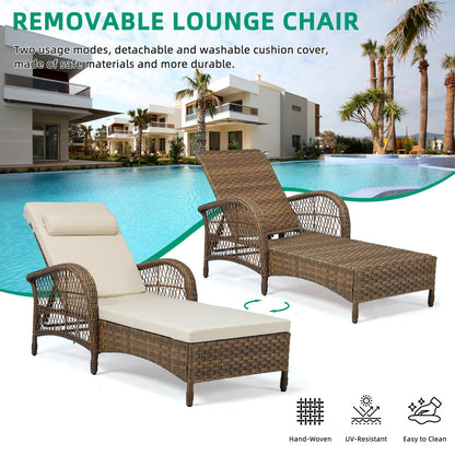 VIVIJASON 3 Pieces Outdoor Wicker Chaise Lounge Chair Set, All-Weather PE Rattan Cushioned Patio Lounger Set of 2 with Side Table, Adjustable Pool Sunbathing Recliner with Armrest & Pillow, Beige