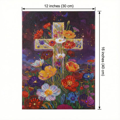 Ludeanetti Framed Diamond Art Kits for Adults,Floral Cross,12x16'' Pre-Stretched Canvas Religious Wall Decor,5D Gem Painting Christian Teacher Appreciation Gift,Ready to Hang