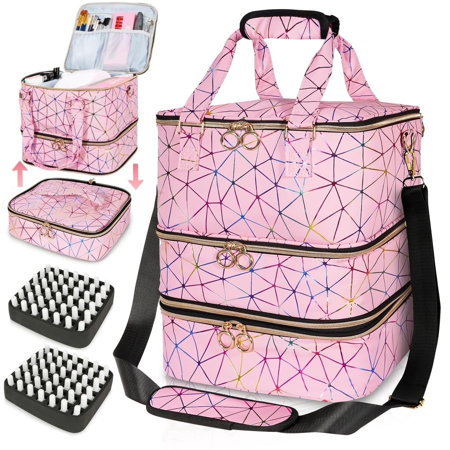 MZTXY Nail Polish Organizer Bag Holds 84 Bottles & Nail Lamp, 3 Layers Nail Kit Storage Carrying Case Pu Leather, Large Nail Supplies Organizer With Shoulder Strap, Portable Travel Nail Bag,Pink