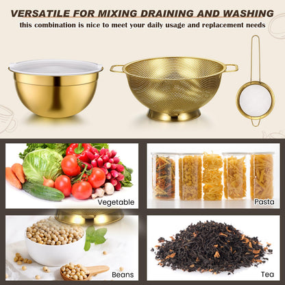Baderke 6 Pcs Gold Kitchen Accessories Set Includes 3 Gold Mixing Bowls with Airtight Lids Stainless Steel Colander Grater Slicer and Fine Mesh Strainer(Mixing Bowls: 2.8/3.7/5 Qt, Colander: 4 Qt)