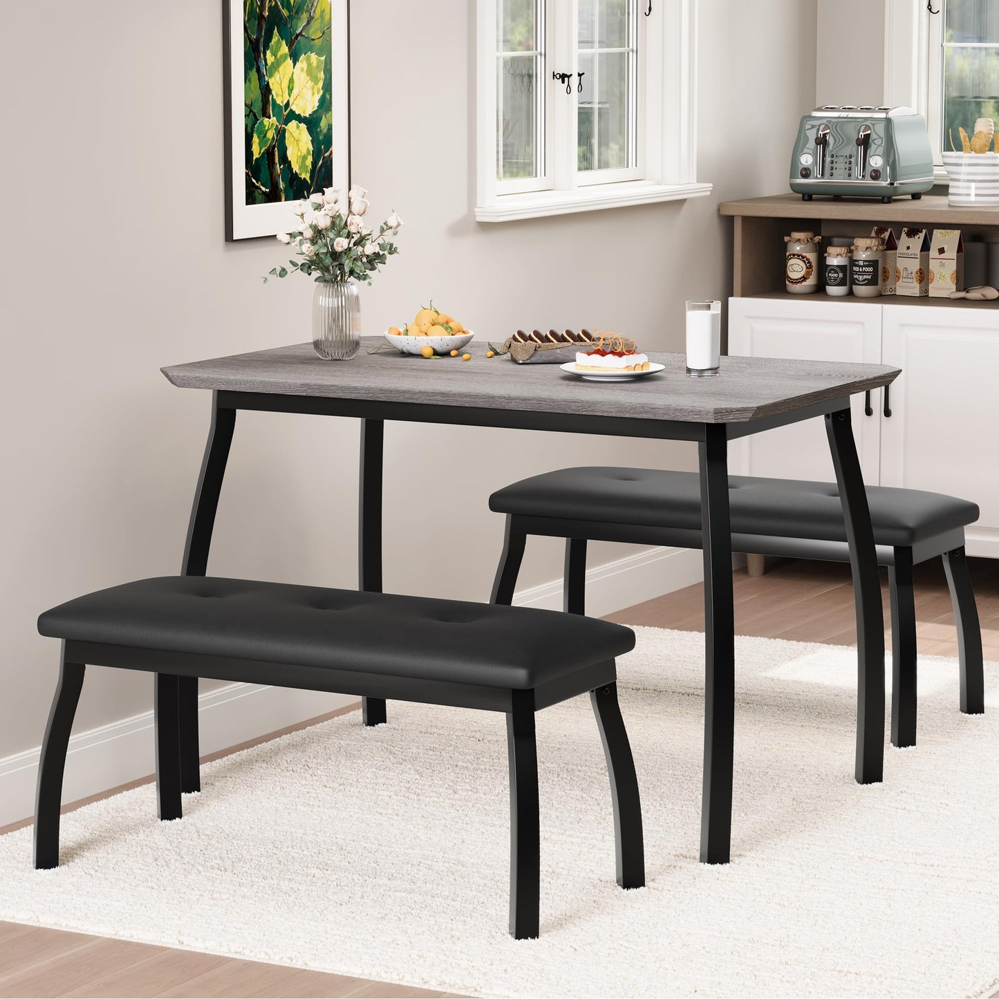 Dining Table for 4, 3-Piece Kitchen Table Set for 4 with Wooden Tabletop and Metal Frame, Industrial Kitchen Table with 2 PU Leather Benches for Bar, Dining Room, Restaurant(43''x28''x30''), Gray